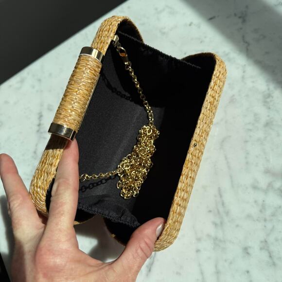 Straw Woven Box Clutch w/ Gold Chain Strap – Hard Case Evening Bag - Picture 3 of 8